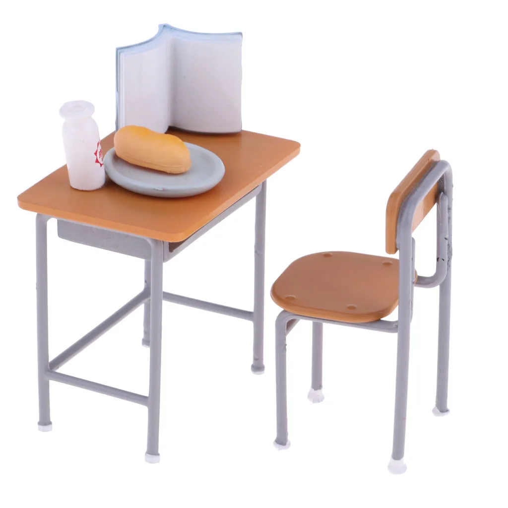 Dollhouse Miniature 6 Pieces School Desk Chair Set Study Room Furniture Model Decor Photography Props Kids Pretend Play Toy