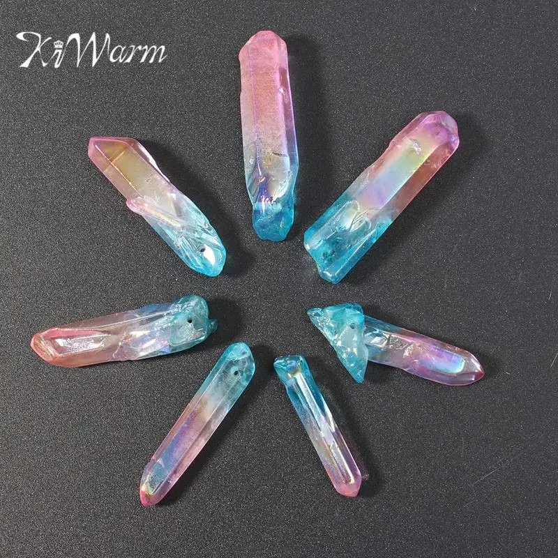 

KiWarm 7pcs Beautiful Pink Blue Titanium Natural Quartz Crystal Points Pendant Bead Strand Necklace Pendants DIY Crafts 28-45mm