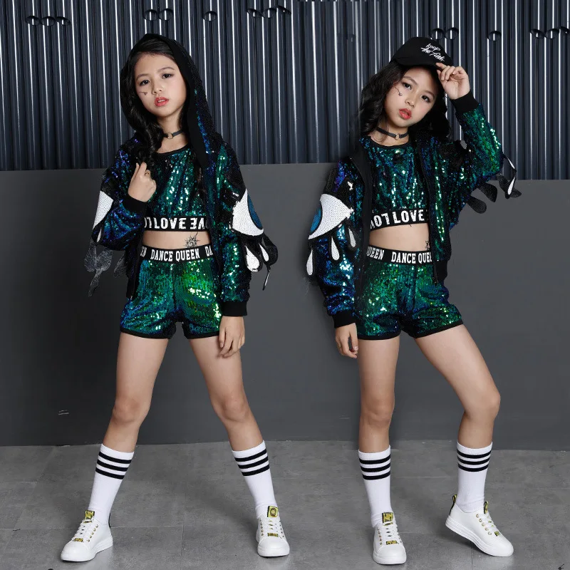 Kid Cool Green Sequin Hip Hop Clothing Hoodie Jacket Tank Crop Top Shorts for Girls Jazz Dance Costume Clothes Dancing Wear