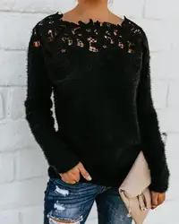 Горячая 2019 для женщин свитер кружево Твердые вязаный женский пуловер Джемпер О образным вырезом с длинным рукавом Мода Трикотаж Дамы Весна
