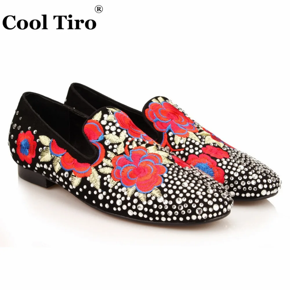 

COOL TIRO Design Black sheepskin embroidered Shoes Fashion Men Smoking Slippers male White diamonds wedding and party loafers