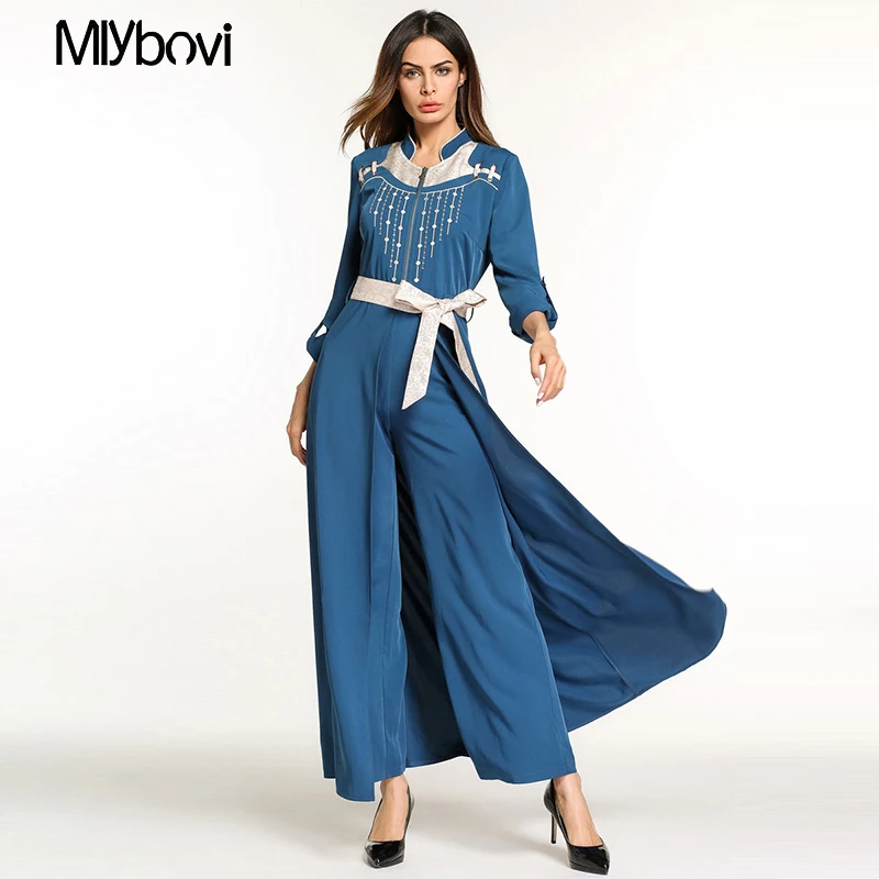 

Elastic Muslim Abaya Dress Fashion Embroidery Muslim Dress Blue Kaftan Dubai Muslim Abaya Islamic Clothing Maxi Robe With Belt