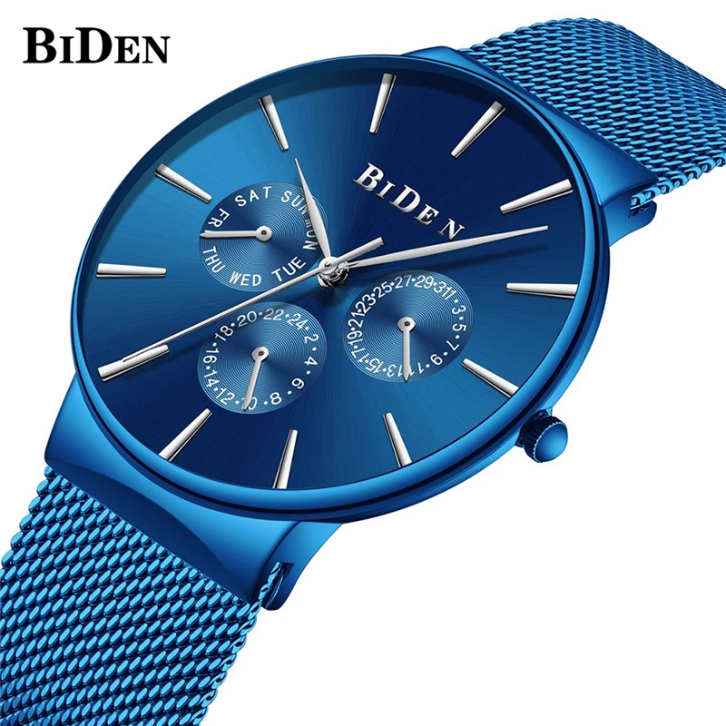 Unique Royal Blue Mens Watch Top Luxury BIDEN Iron Net Web Mesh Bracelet Watch Men Clock 1