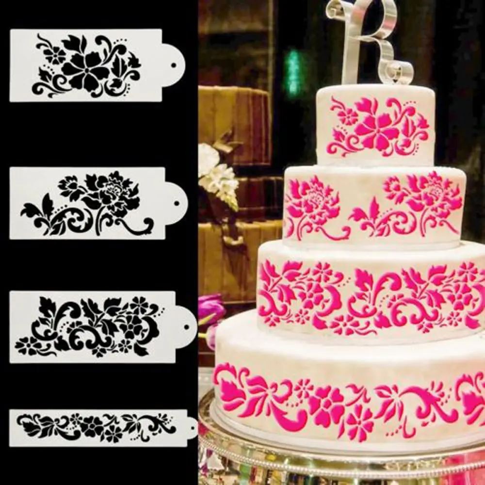 

4Pcs/Set Flower Damask Fondant Cake Stencil Mould Border Lace Flower Decor Icing Sugarcraft Baking Tool