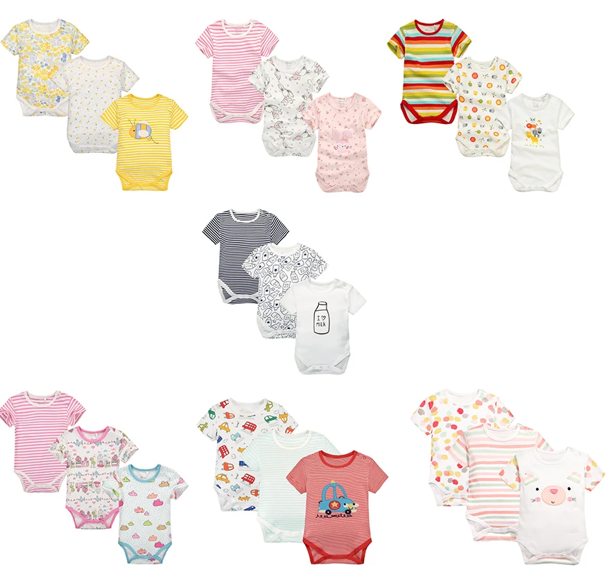 Spring and Summer Baby Short Sleeved Bodysuit Three PCS Packs Infant