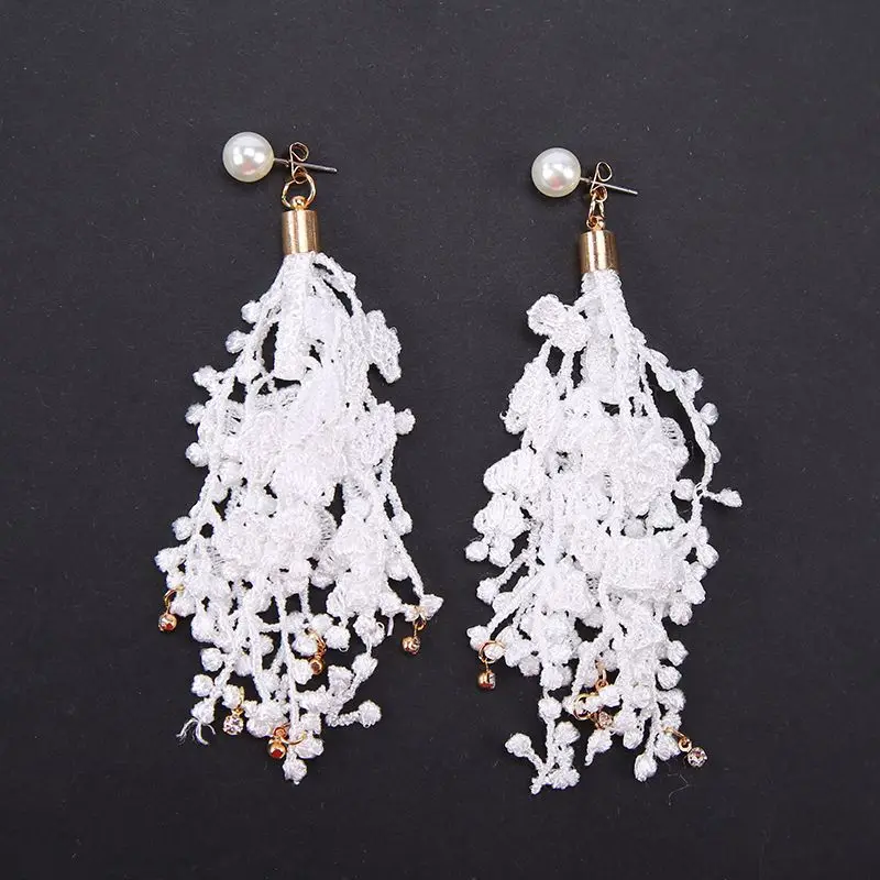 White Lace Cloth Embroidery Simulated Pearl Dangle Earrings Drop