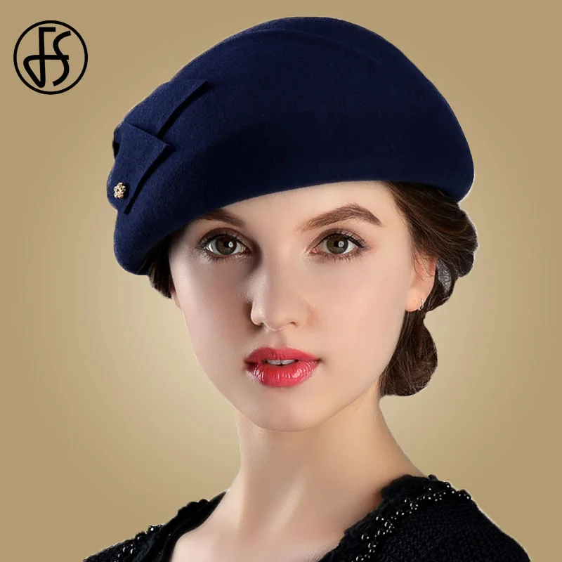 

FS Winter 100% Wool Felt French Berets For Women Fashion Artist Boina Bow Hat Vintage Blue Fedora Gorras Planas Flat Cap Female