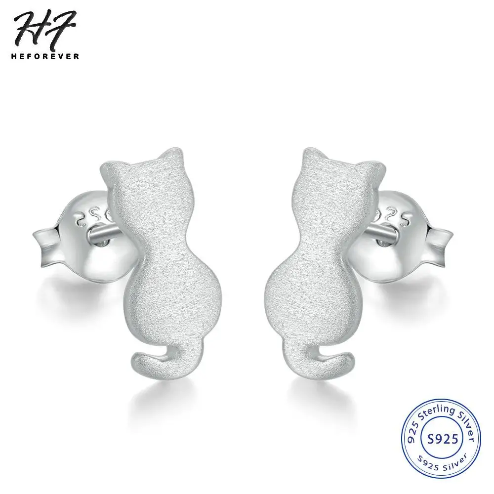 

2017 New Real 925 sterling silver Handmade Wiredrawing Lovely Cats Shaped Stud Earrings Jewelry for Women Girl HotSale EY014