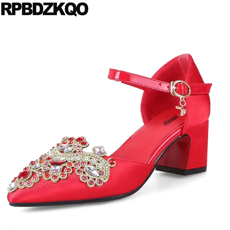 

Strap Crystal Block Pointed Toe Ankle Glitter Satin Sandals Jewel Bling Wedding Shoes Sweet Rhinestone Red High Heels 3 Inch New