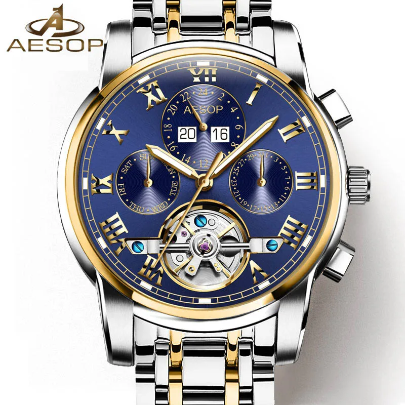 Luxury tourbillon watch men Stainless steel Automatic mechanical Sapphire waterproof multifunction Roman watch relogio masculino