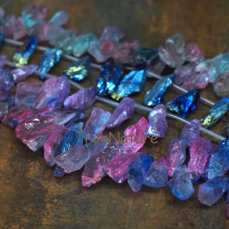 

Bohemian Raw Crystal Quartz Stone Titanium Electroplated Slice Finding Top Drilled Stone Loose Strands In 35-65 mm BE7072