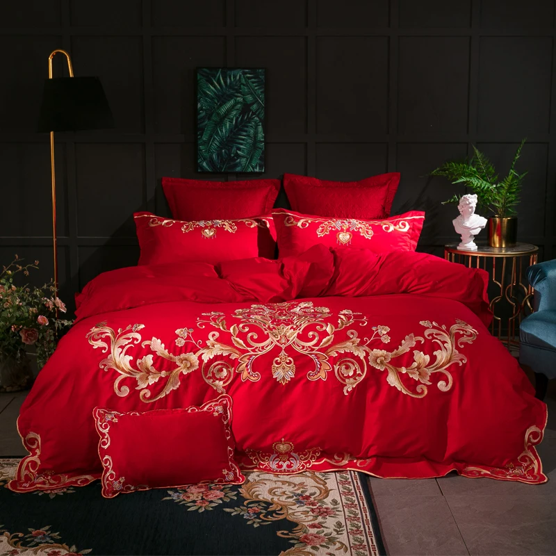 

Red luxury Wedding Style Golden embroidery 80S Egyptian cotton Bedding Set Duvet Cover Bed Linen Bed sheet Pillowcases 4/7pcs