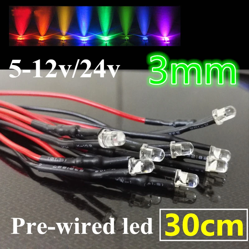 100pcs/LOT 12V/24V Pre wired 3mm Bright LEDs Bulb Warm white/Red/Green
