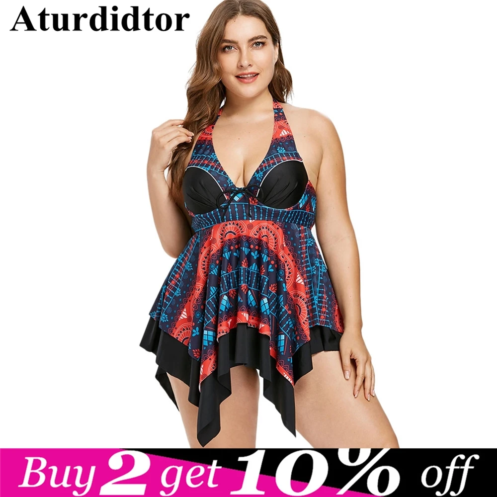 

Plus Size Geometric Tankini Set Large Size Swimwear 2019 Sexy Big Swimsuit Beach Wear Printed Halter Bathing Suit 3XL 4XL 5XL