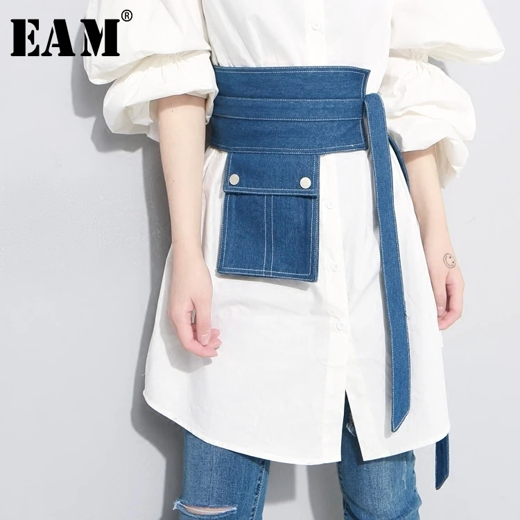 

[EAM] 2019 New Summer Pocket Split Joint Button Irregular Blue Denim Long Wide Belt Women Fashion Tide All-match JF134