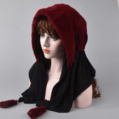 New Genuine Rex Rabbit Fur Hats Multi-Use Scarf Warm High Quality Female Beanies Fur Scarf Hats Winter Caps - Color: Burgundy