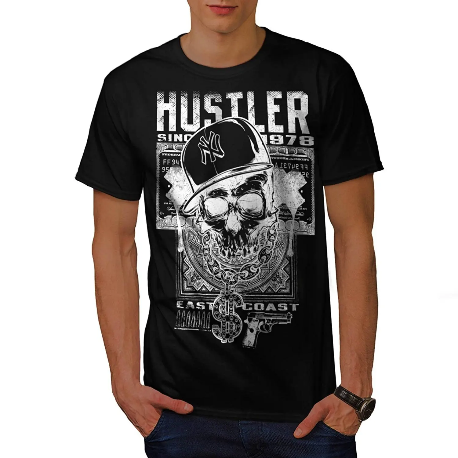 Мужская футболка Hustler Skull Hip Hop Gangster хлопковая забавная Футболка с принтом новинка