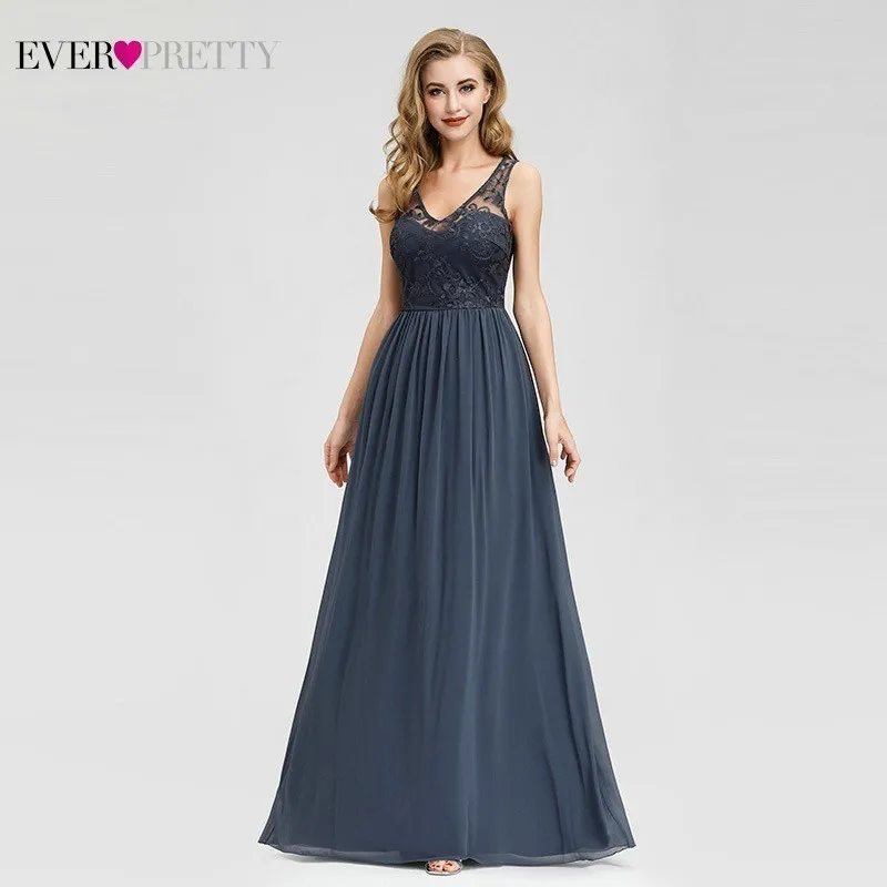 Plus Size Evening Dresses Long Ever Pretty New Dusty Blue Sleeveless V-neck Cheap Summer Formal Gowns Robe Soiree Dubai - Цвет: EZ07999DN