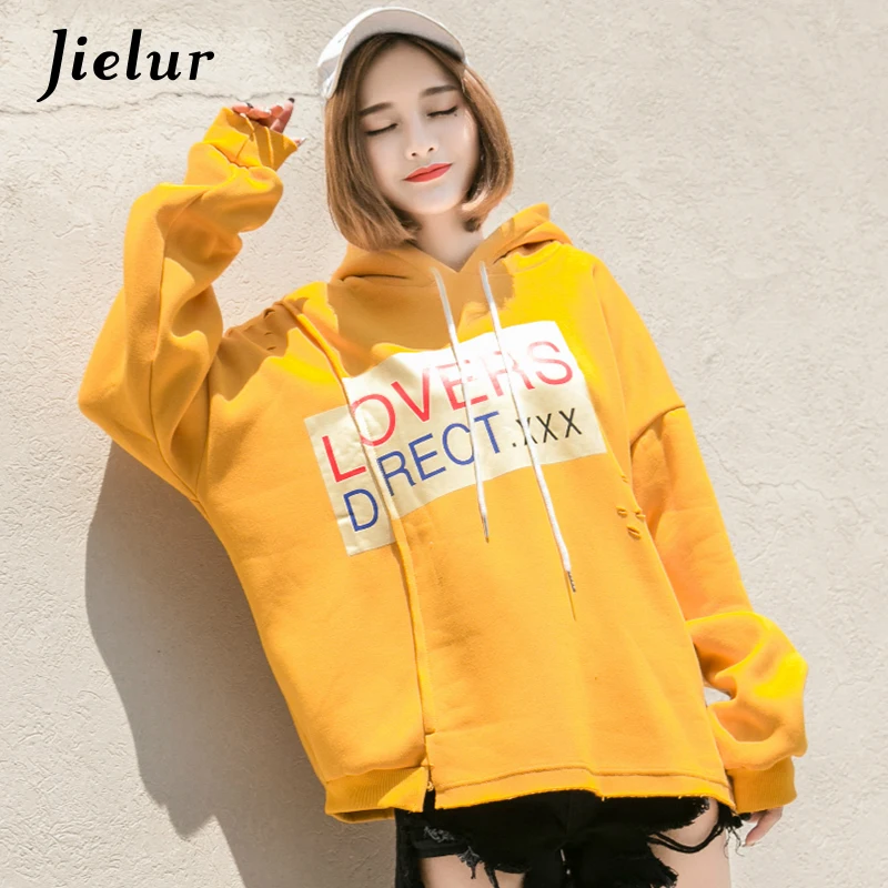 Jielur корейский поп Oversize нерегулярные толстовки для женщин уличный шик отверстия с