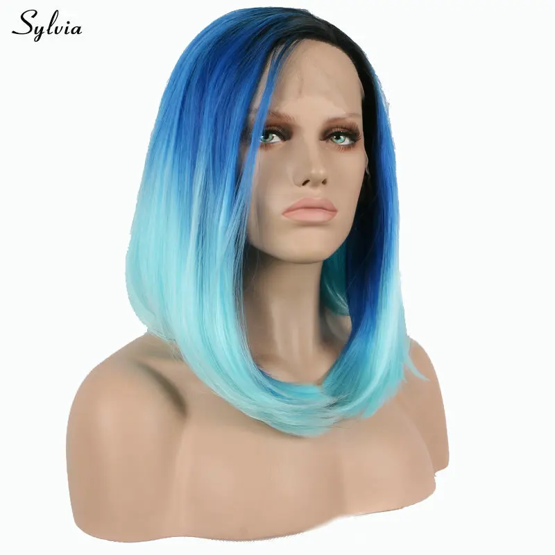 

Sylvia High Temperature Fiber Ombre Blue Wig Natural Straight Short Bob Wig Synthetic Lace Front Women Wigs Cosplay Middle Part