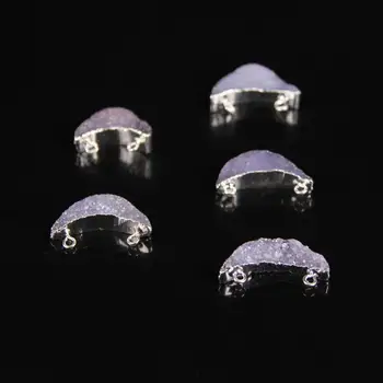 

5pcs,Natural Agates Geode Crescent Moon shape Connector,Silvers edged Raw Quartz Purple Titanium Slab Slice Nugget Pendant