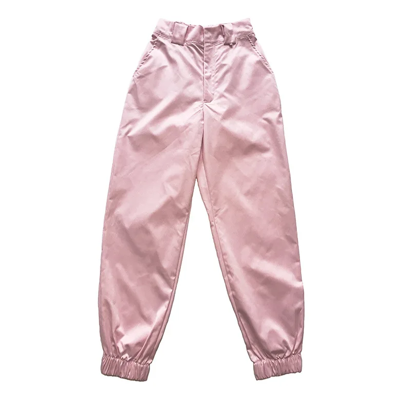 Уличная Винтаж розовый Высокая Талия металлической цепью грузовой прямые джоггеры Для женщин брюки штаны-шаровары в стиле хип-хоп Харадзюку в Корейском стиле Повседневное тренировочные брюки