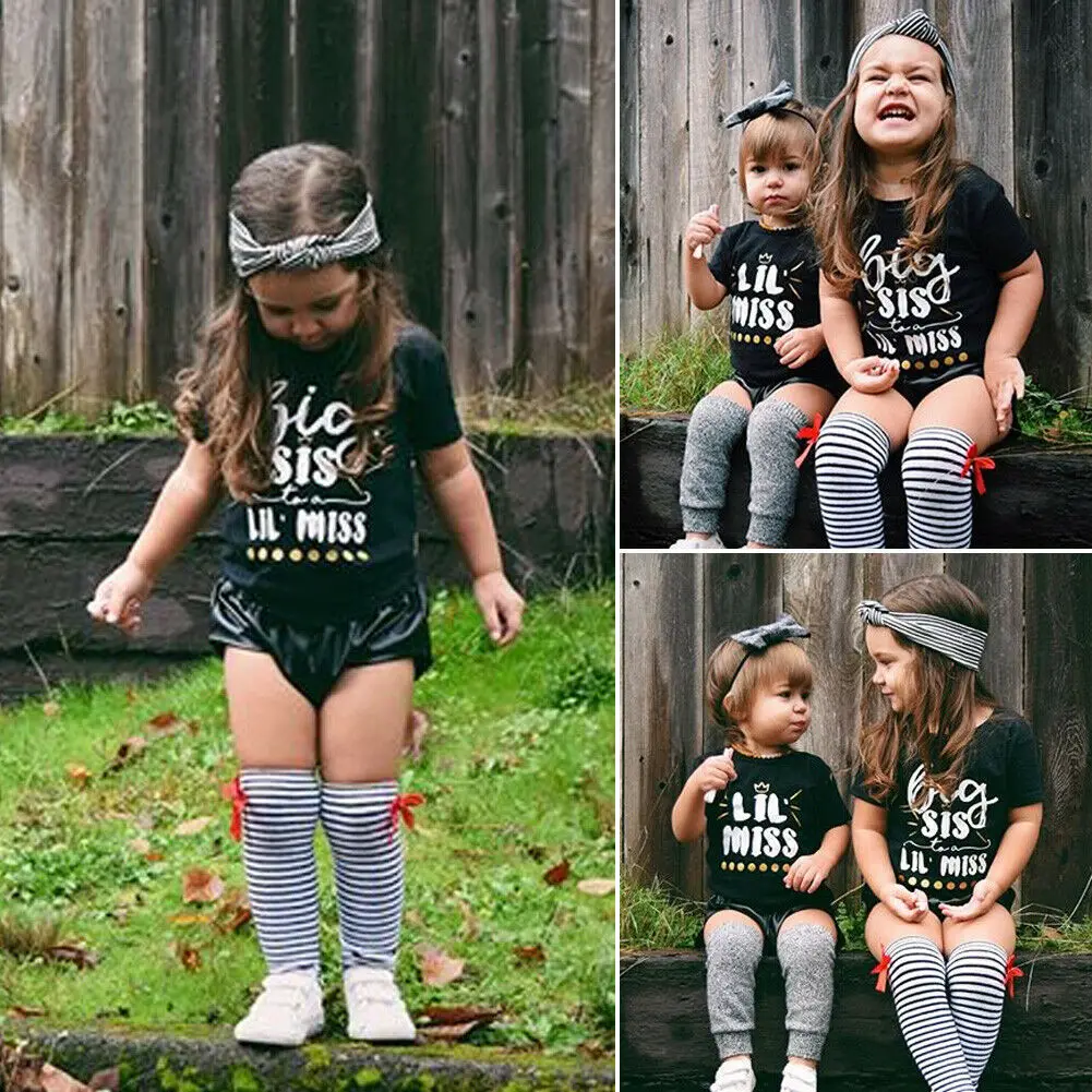Newest Fashion Baby Kid Girl Sister Matching Clothes Romper Causal Cotton Outfits Black Letter Print T-shirt Top+Leather Shorts | Детская