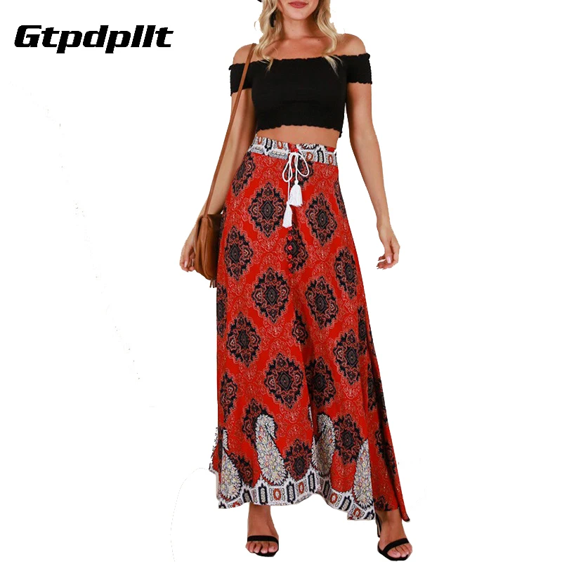 

Gtpdpllt 2018 Summer Beach Skirt Bohemian Lace Up Split Long Skirt Print Empire Boho skirts womens Red plus size maxi skirt