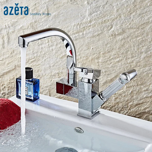 Azeta Deck Mounted Kitchen Faucet Dual Spout Water Outlet Kitchen Tap Pull Out Swivel Kitchen Mixer Chrome Kitchen Faucet AT9968