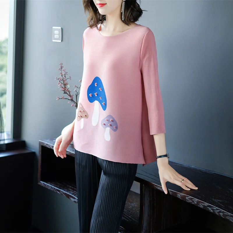 

Azterumi Special Pleats Women Shirts Top Beaded Flower Mushroom Print Casual Irregular Shirt 2019 Fashion Woman Blouses
