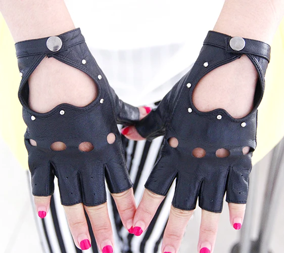 women's fashion genuine Sheepskin leather gloves lady's semi finger