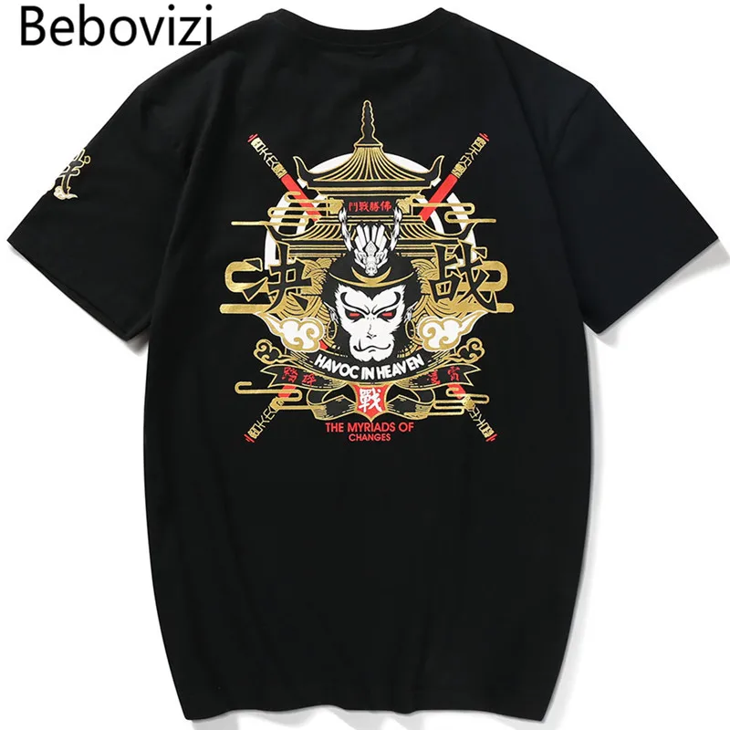 

Bebovizi Embroidery Tees 2019 Hip Hop T Shirt Men The Monkey King Printed T-shirt Harajuku Streetwear Cotton Black Short Sleeve