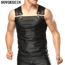 M-2XL топ без рукавов с высокой простой подвеской и пряжкой, тройник, Мужчины искусственная кожа, танки с заклепками, металлическая пряжка, ремешки, черный пуловер