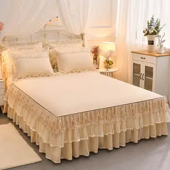 

Beige Lace Embroide Princess Bedding Bed Sheet Pillowcases Bedspread Bed Skirt Home Decoration Mattress Cover For 2.0/1.8/1.5M