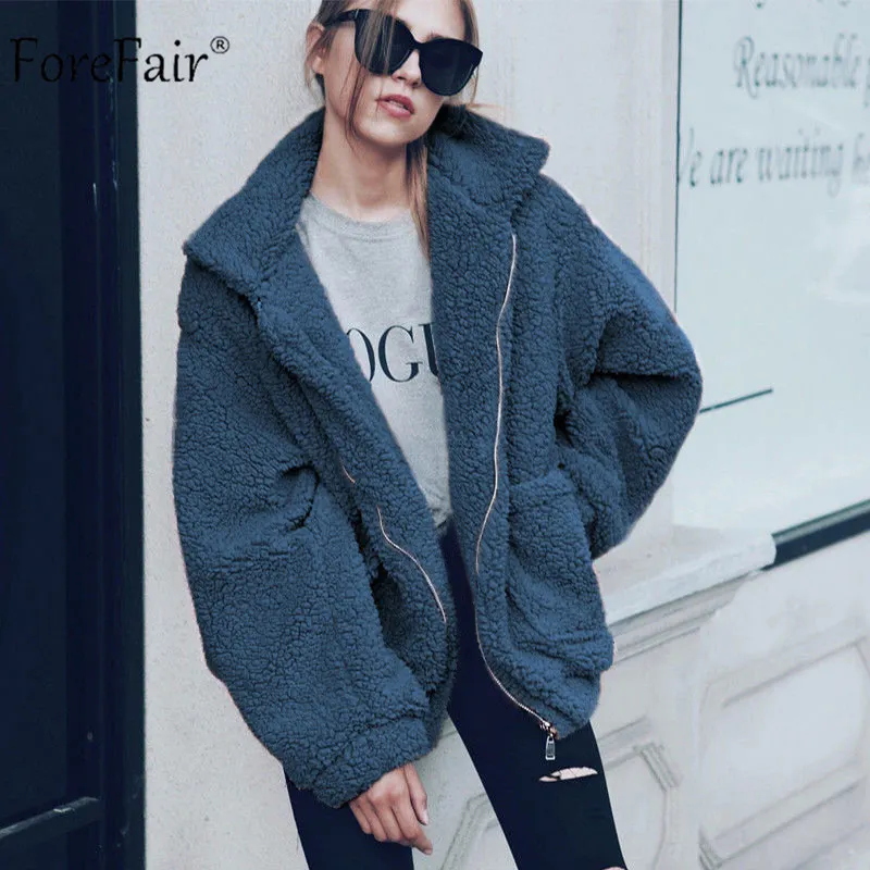 Kopen Forefair Winter Oversized Faux Bontjas Vrouwen Natuurlijke Bont Teddybeer Jas Zakken Revers Casual Losse Plus Size Overjas