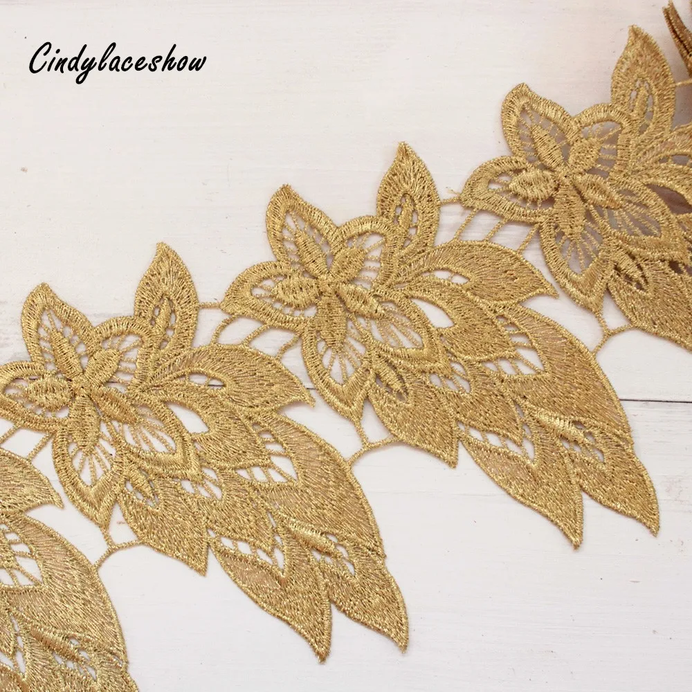 

Luxury Gold Wide Lace Trim Flower Embroidered Hollow Out Sewing Lace Fabric For Wedding Bridal Dress Fringe Home Decor DIY Craft