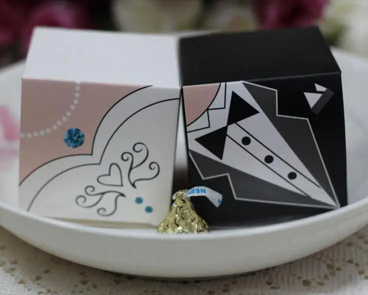 5*5*5 cm Square shape bride groom Tuxedo Style wedding candy box guest gift box chocolate box 200PCS=100PAIR