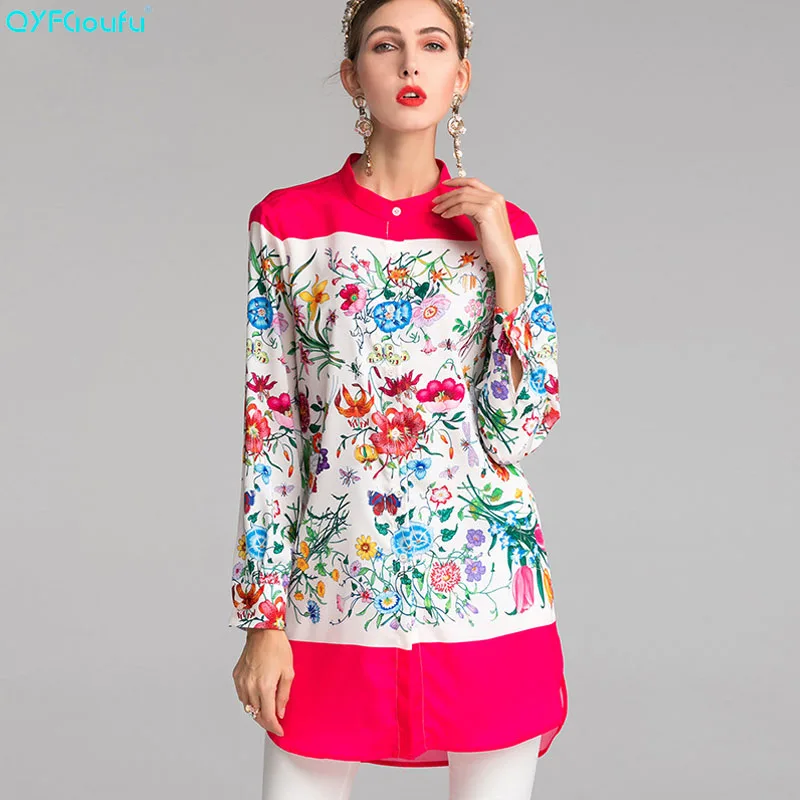 

QYFCIOUFU New Fashion Plus Size Long Blouse Women 2019 Summer Long Sleeve Floral Print High Runway Loose Tops And Shirt