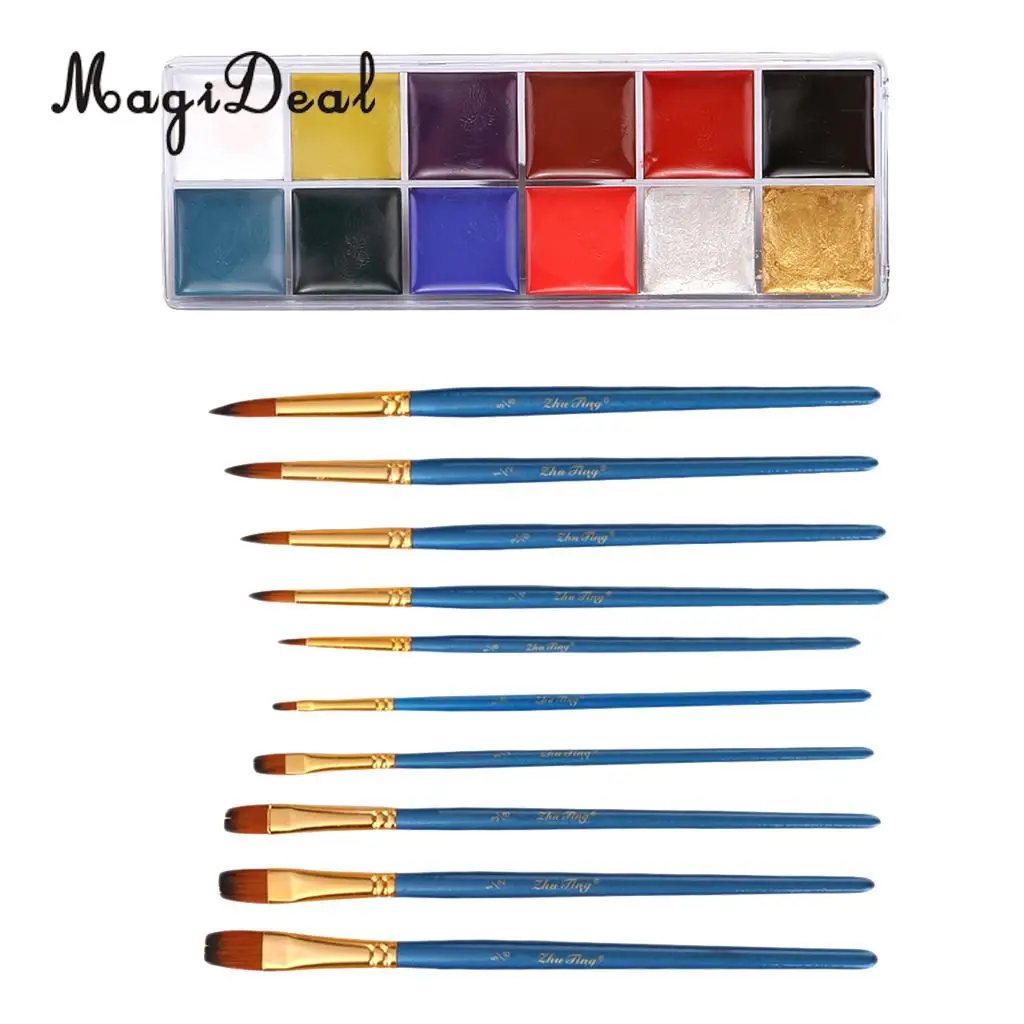 12 Color Safe Non-Toxic Oil Based Face Body Art Paint Palette Cosmetics with 10pcs Painting Brush for Party Fancy Dress Makeup