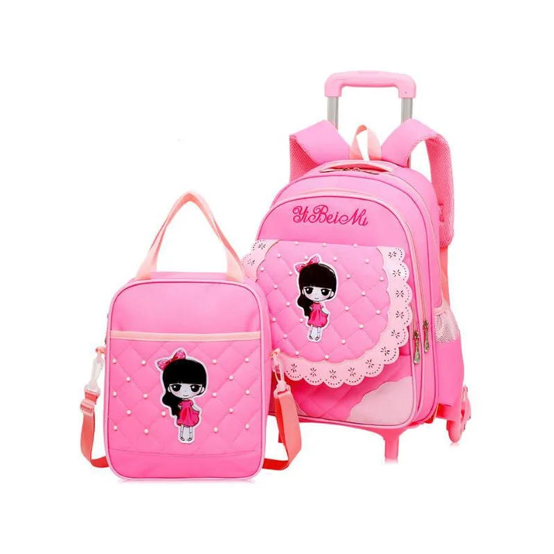 

Children School Backpack For Girls 2019 Cartoon Princess Pattern Wheeled School Bags Waterproof Nylon Kids Trolley School Bag