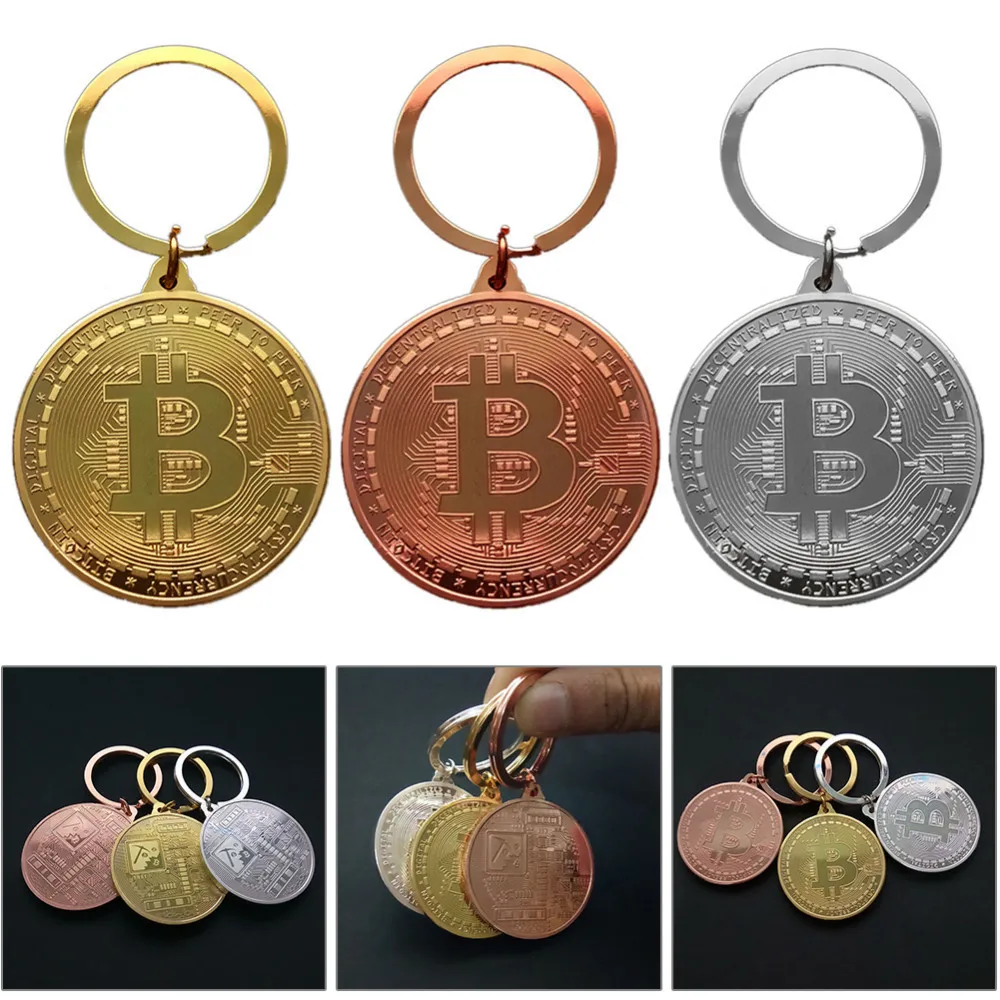Gold Plated Bitcoin Coin Key Chain BTC Coin Art Collection Gold Silver Rose Gold Color Bit Coin Design Key Ring Nice Gift