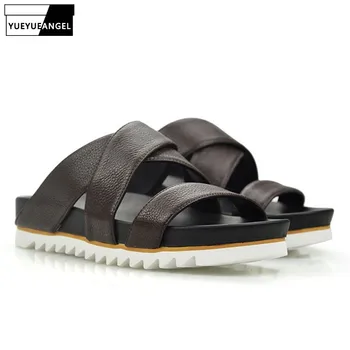 

Top Quality Mens Summer Leisure Indoor Slippers Genuine Leather Beach Sandals Non-Slip Platform Bathing Slides Shoes Plus Size