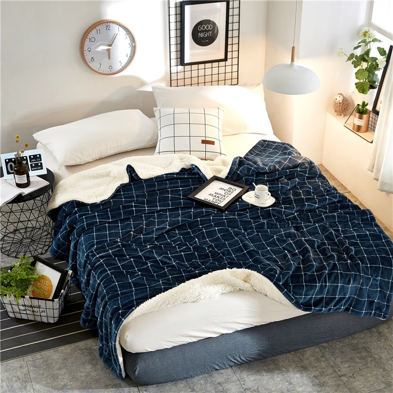 

Trendy Blue Plaid Pattern Warm Fleece Blankets Layer Fabric Thick Plush Throw On Sofa Bed Plane Bedspreads Home Textile Soft
