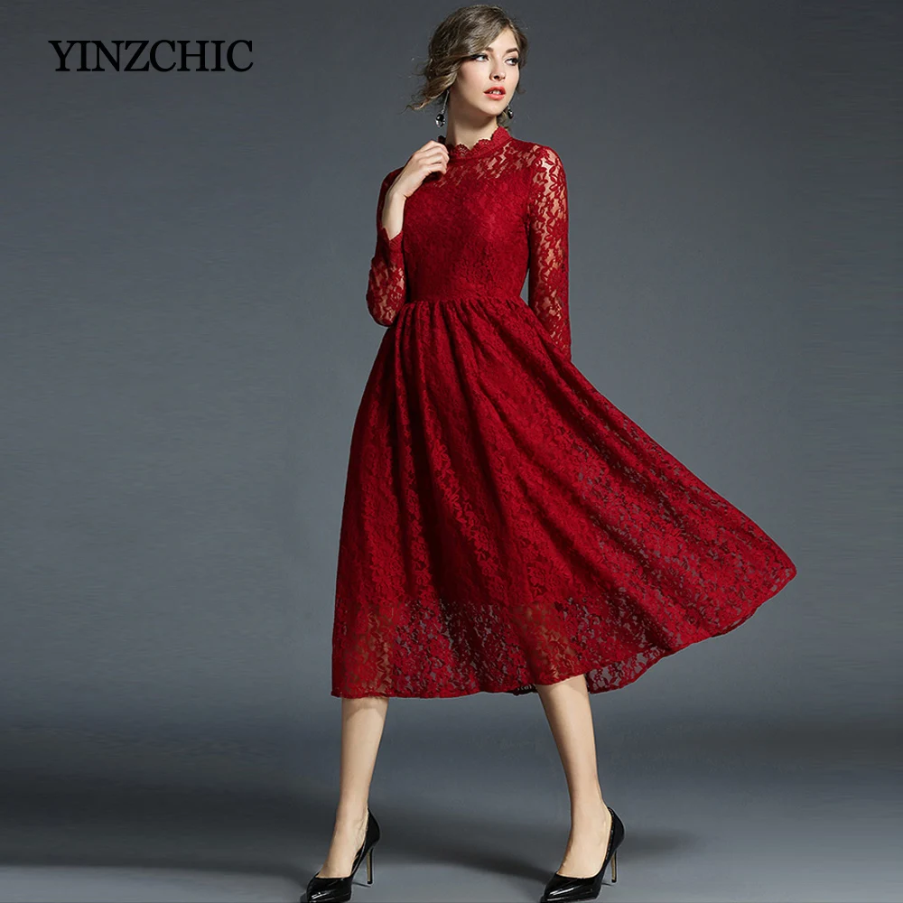 Solid Wine Red Woman Lace Dress Full Sleeve A Line Party Dresses Women