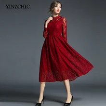 Sólido vino rojo mujer vestido de encaje de manga completa A-Line vestidos de fiesta mujeres hueco-Out femenino elegante vestidos de encaje Midi vestido barato