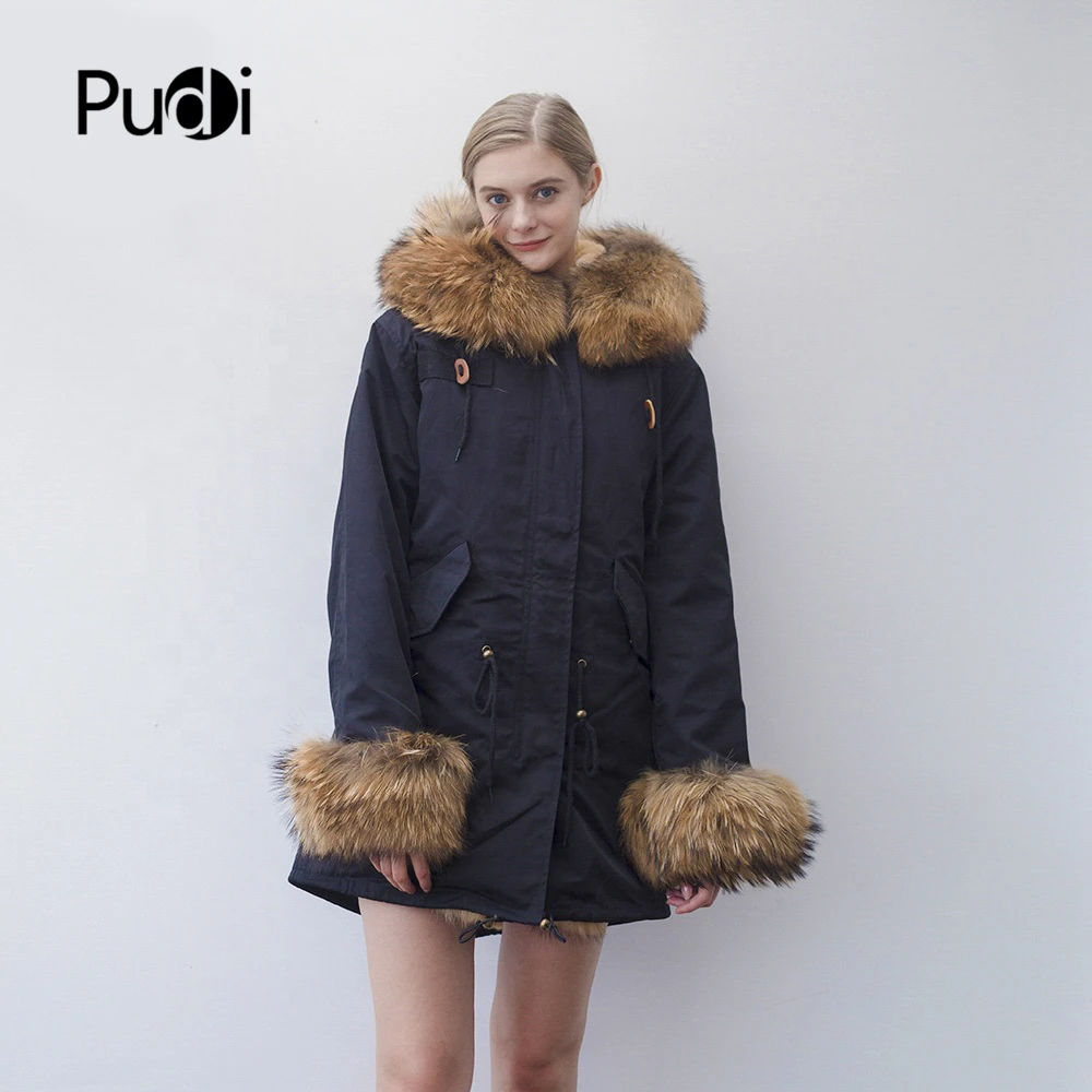 PUDI PK907 женская зимняя теплая хлопковая парка с мехом енота, пальто с натуральным мехом Рекса внутри, Женское пальто