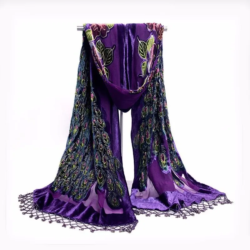 Высокое качество Фиолетовый китайский женский бархатный шелковая шаль шарф ручной работы вышитый бисером павлин Шаль Шарф обёрточная бумага шарфы