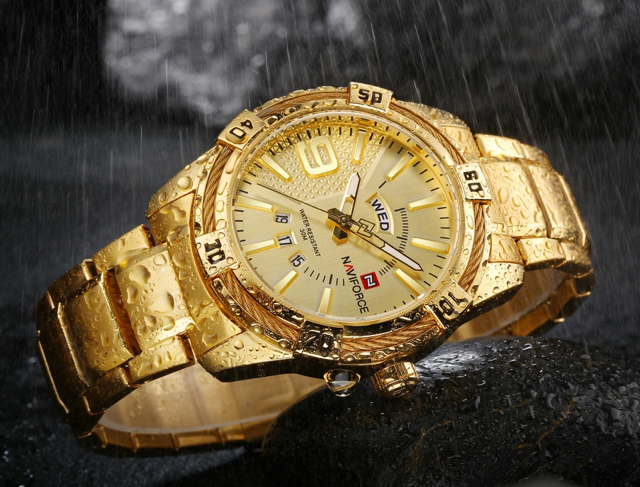NAVIFORCE брендовые новые мужские спортивные часы, мужские водонепроницаемые аналоговые кварцевые наручные часы, мужские золотые часы с календарем из нержавеющей стали