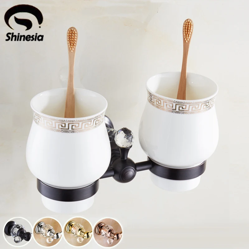 

Oil Rubbed Bronze Double Ceramic Cup Toothbrush Holder Wall Mounted Gold Finish