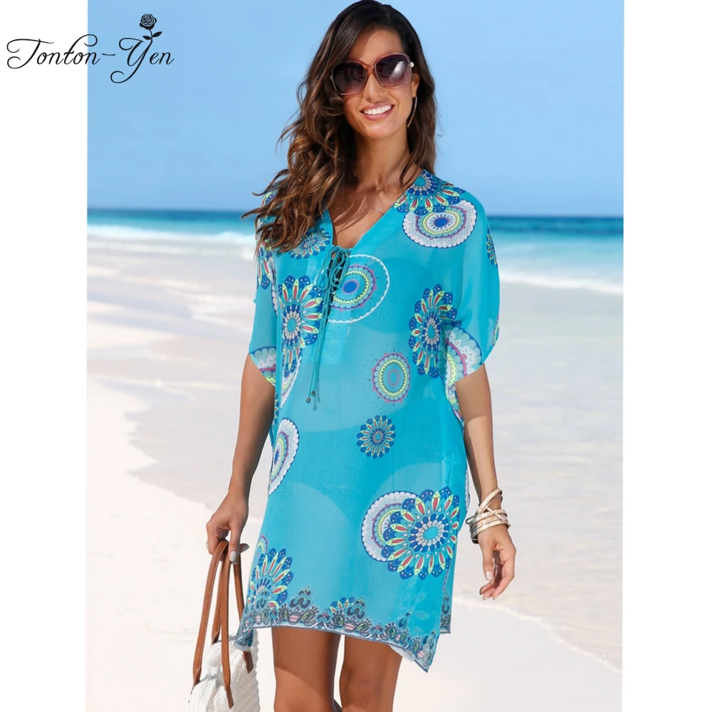 Loose Beach Dress Casual Swimwear Short Sleeve Chiffon Dresses 2018 ...